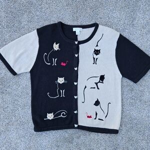 CHRISTOPHER & BANKS Novelty Cat Embroidered Button Short Sleeve Sweater Womens M
